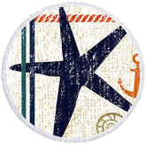 Lofaris Navy Blue Starfish With Anchor Round Beach Towel